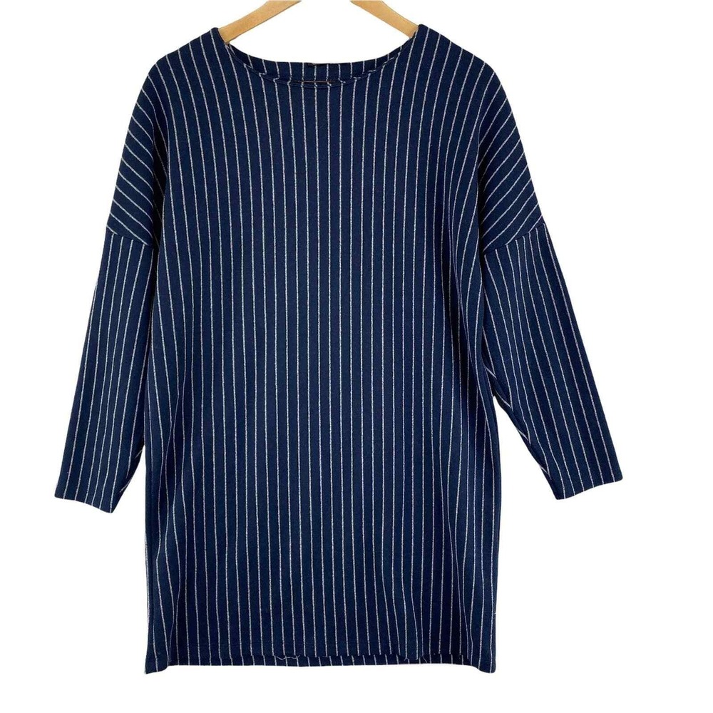ZARA Shift Dress Womens Medium Blue Gray Pinstripe Knit Pullover - Picture 2 of 12
